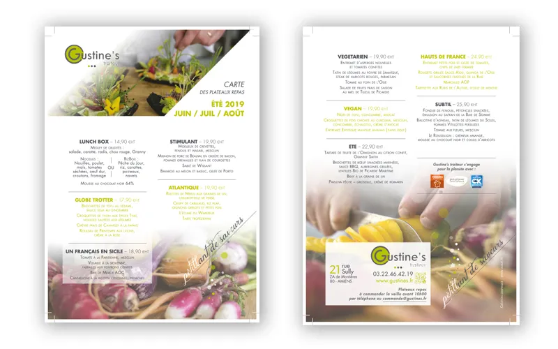 Design de carte de plateaux repas pour Gustine's Traiteur réalisé par Agraf.