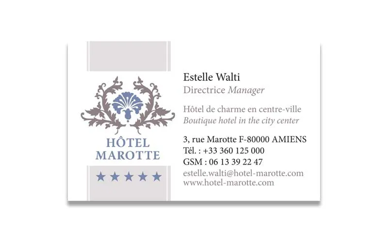 Carte de visite de prestige pour l'Hôtel Marotte à Amiens, création Agraf.