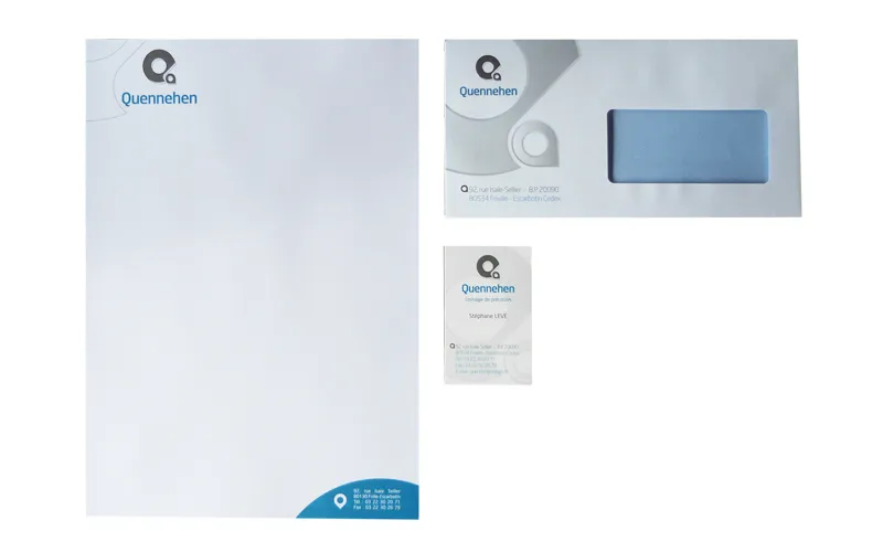 Design de papeterie institutionnelle et logotype pour l'entreprise Quennehen par Agraf.
