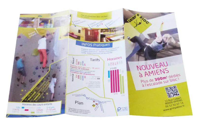 Création de dépliant d'ouverture pour la salle d'escalade Grimp' A Bloc par Agraf.