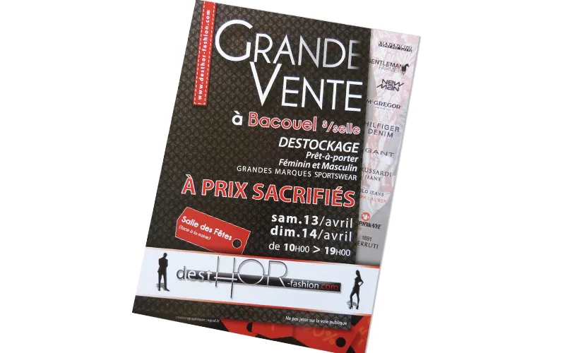 Conception de flyer pour l'événement grande vente Desthor Fashion réalisé par Agraf.