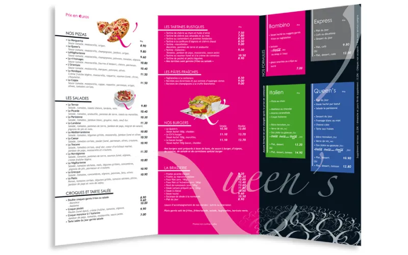 Mise en page du menu dépliant pour la pizzeria La Queen's par Agraf.
