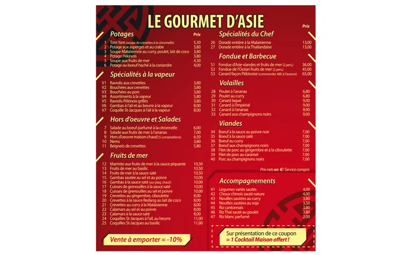 Création de la carte de vente à emporter pour Le Gourmet d'Asie par Agraf.