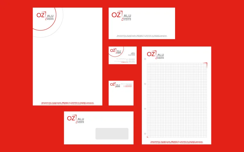 Pack identité visuelle complet (papier en-tête, enveloppe, cartes) pour Oz Alu par Agraf.
