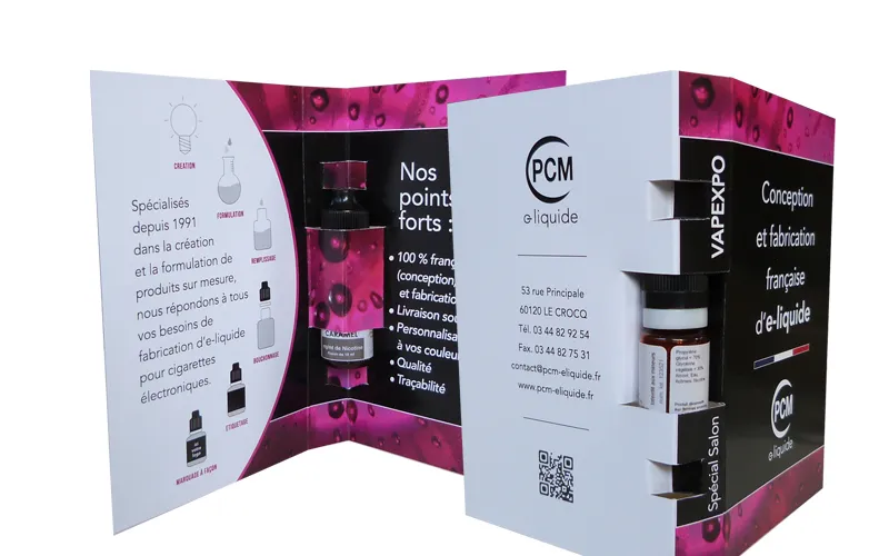 Conception de packaging événementiel avec découpe sur-mesure pour PCM e-liquide par Agraf.