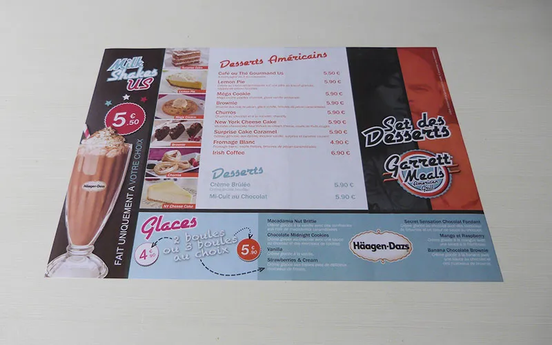 Design de set de table et carte des desserts pour Garrett Meals par Agraf.