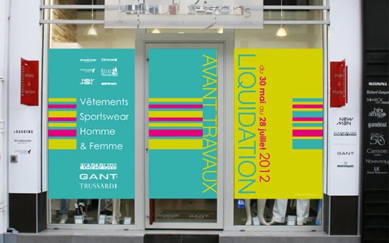 Design de vitrophanie de vitrine pour la liquidation Horizons par le studio Agraf.